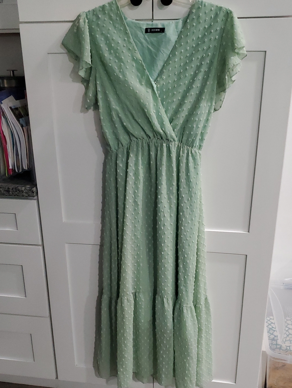 Light Green Swiss Dot Wrap Midi  Dress